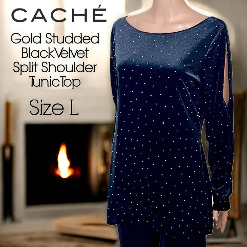 Cache’ Gold Studded Black Velvet Split Shoulder T… - image 1